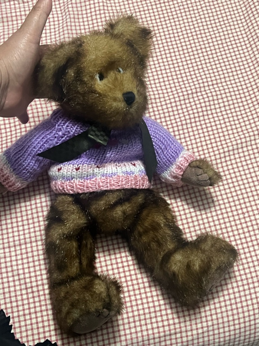 Brown Plush Teddy Bear with Lavender Pink Knit Sweater